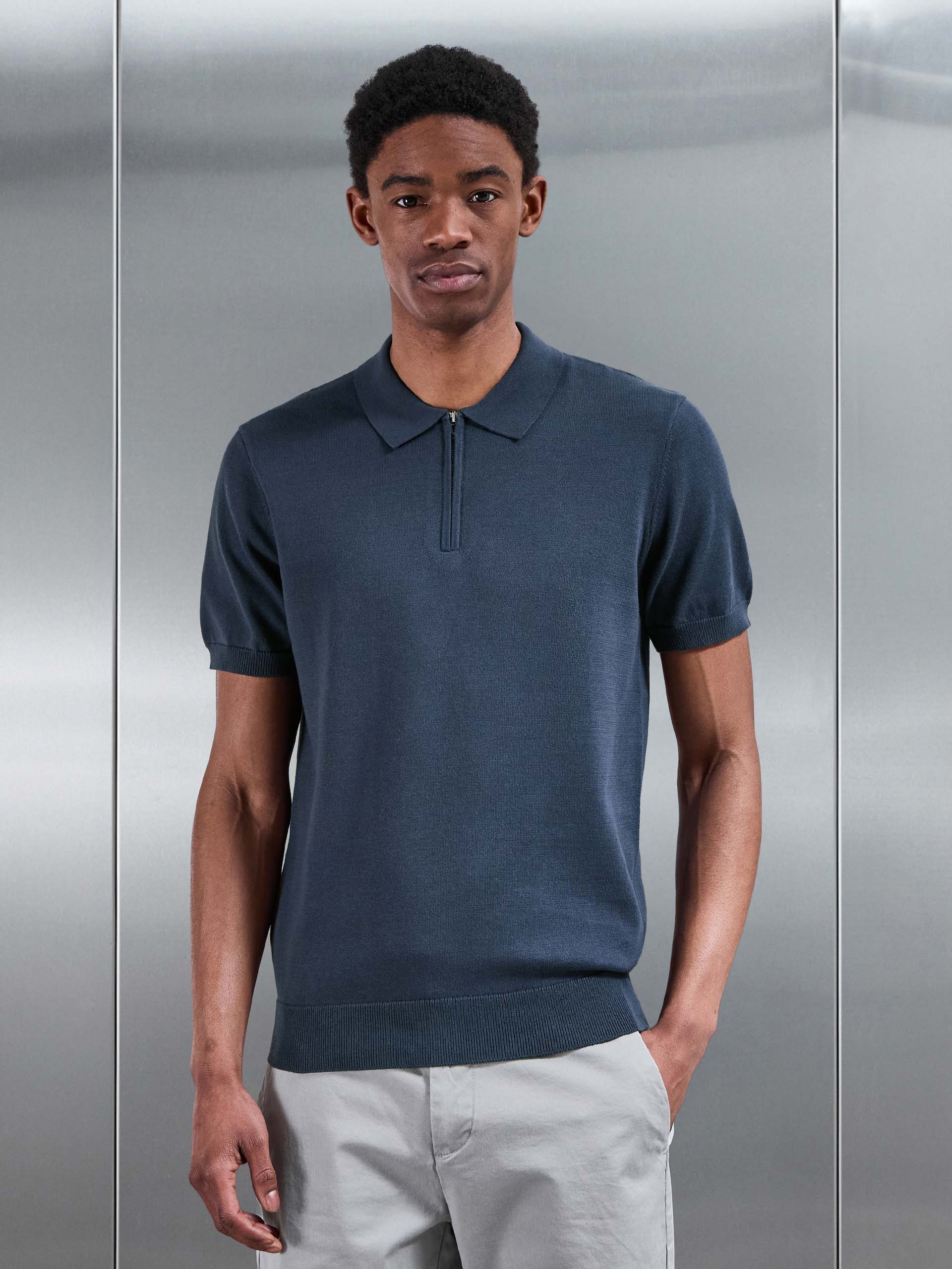 Cotton Knitted Zip Polo Shirt in Steel Blue