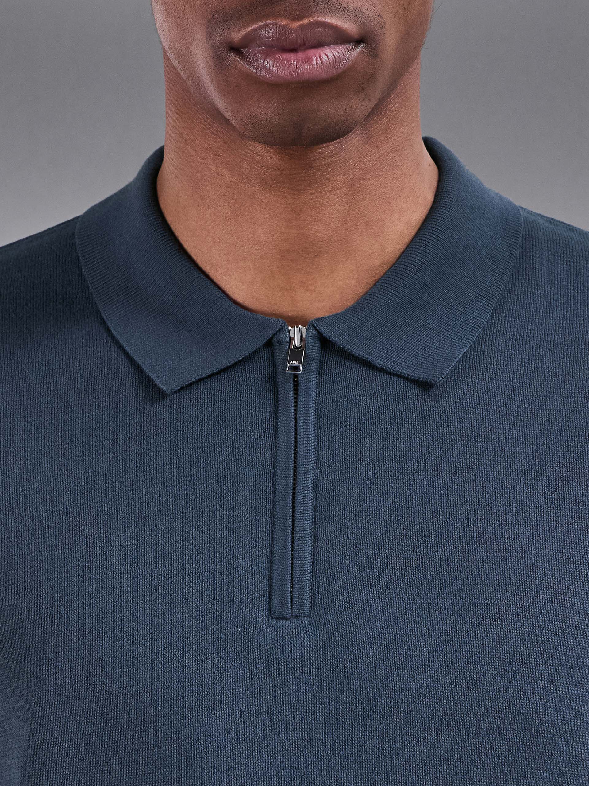 Cotton Knitted Zip Polo Shirt in Steel Blue