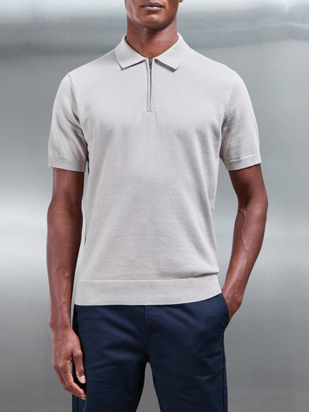 Cotton Knitted Zip Polo Shirt in Stone