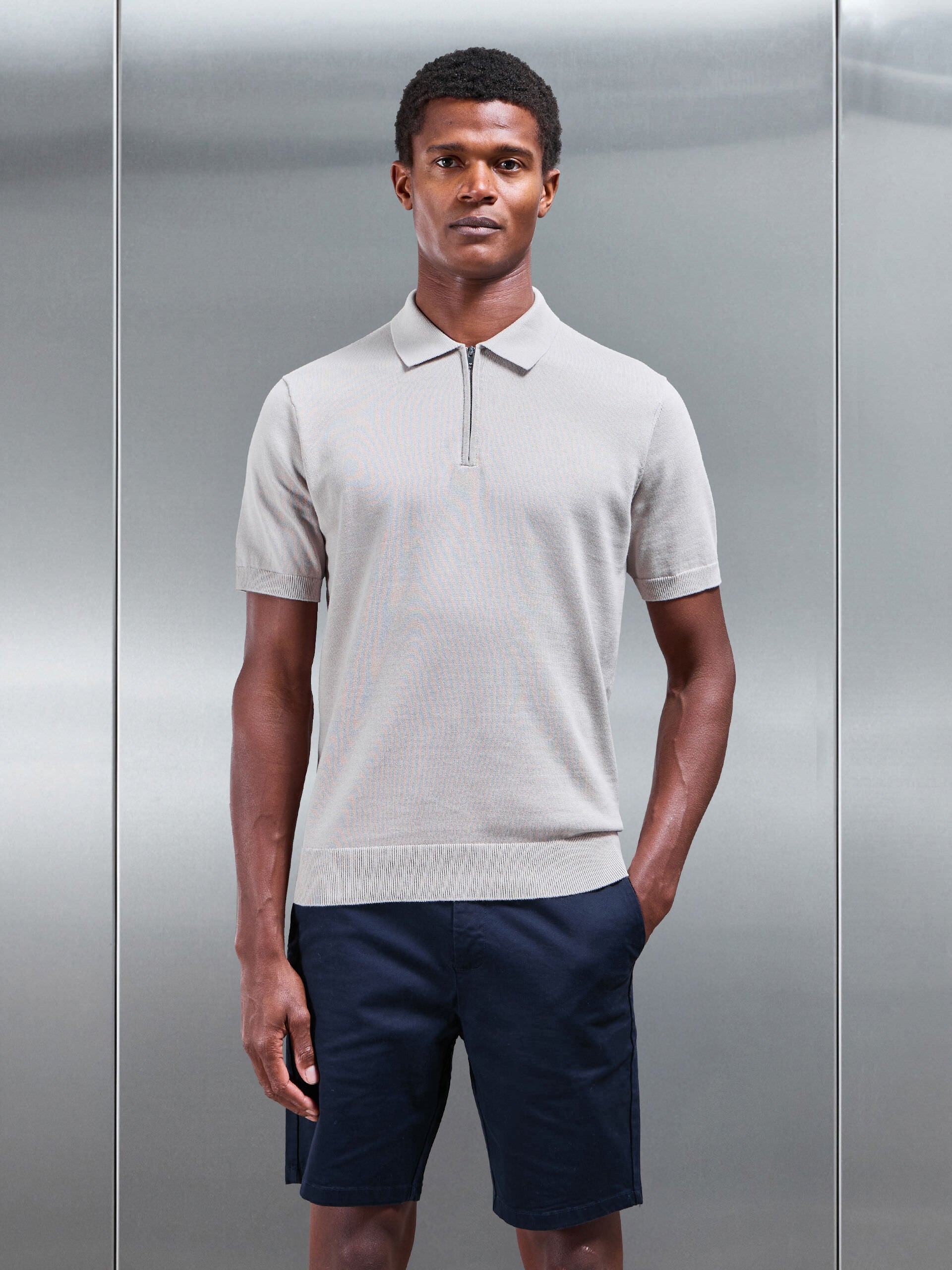 Cotton Knitted Zip Polo Shirt in Stone