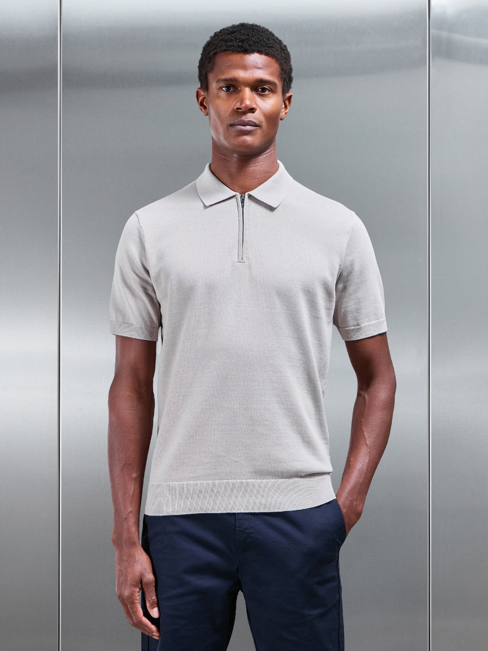 Cotton Knitted Zip Polo Shirt in Stone