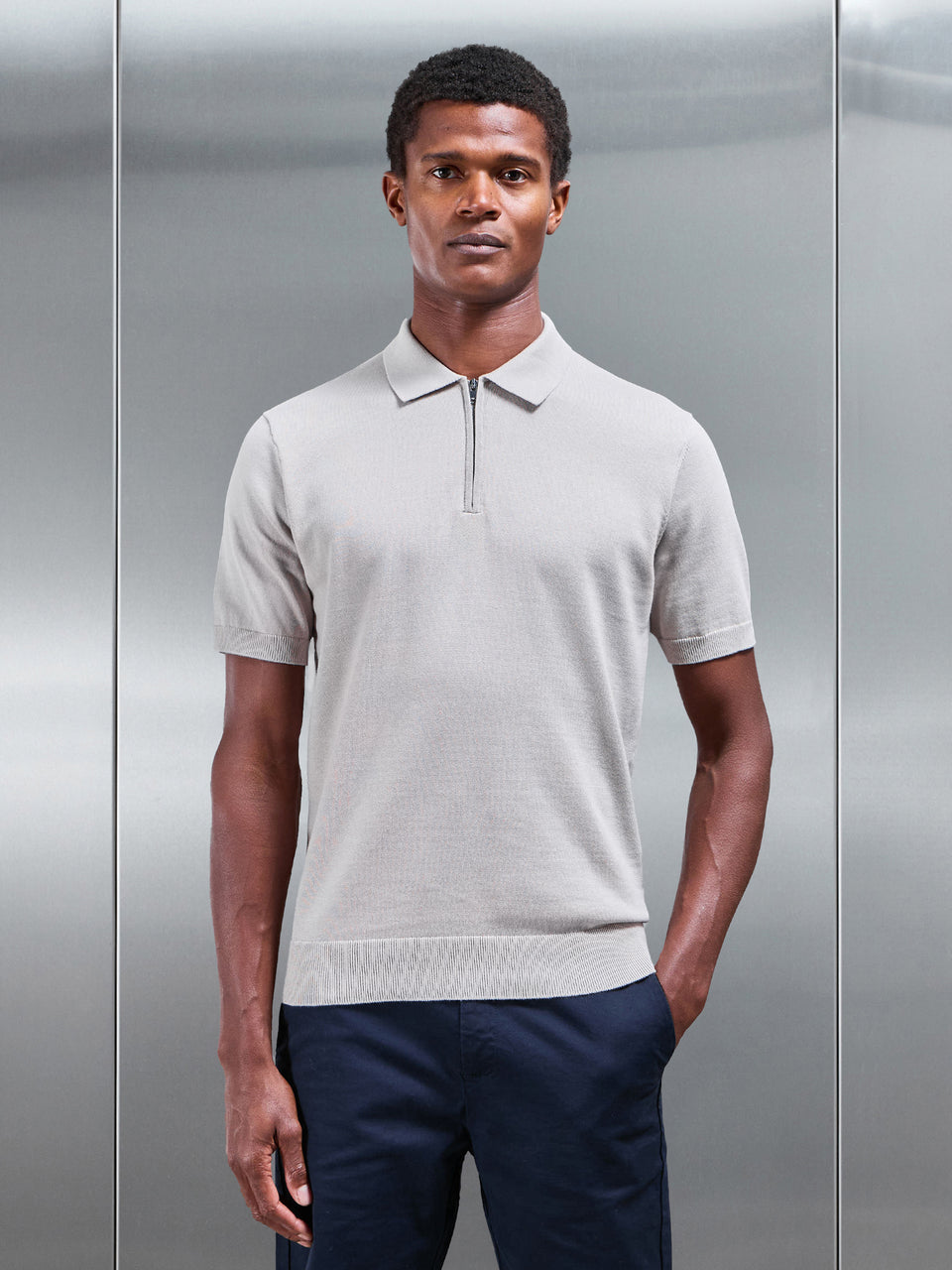 Cotton Knitted Zip Polo Shirt in Stone