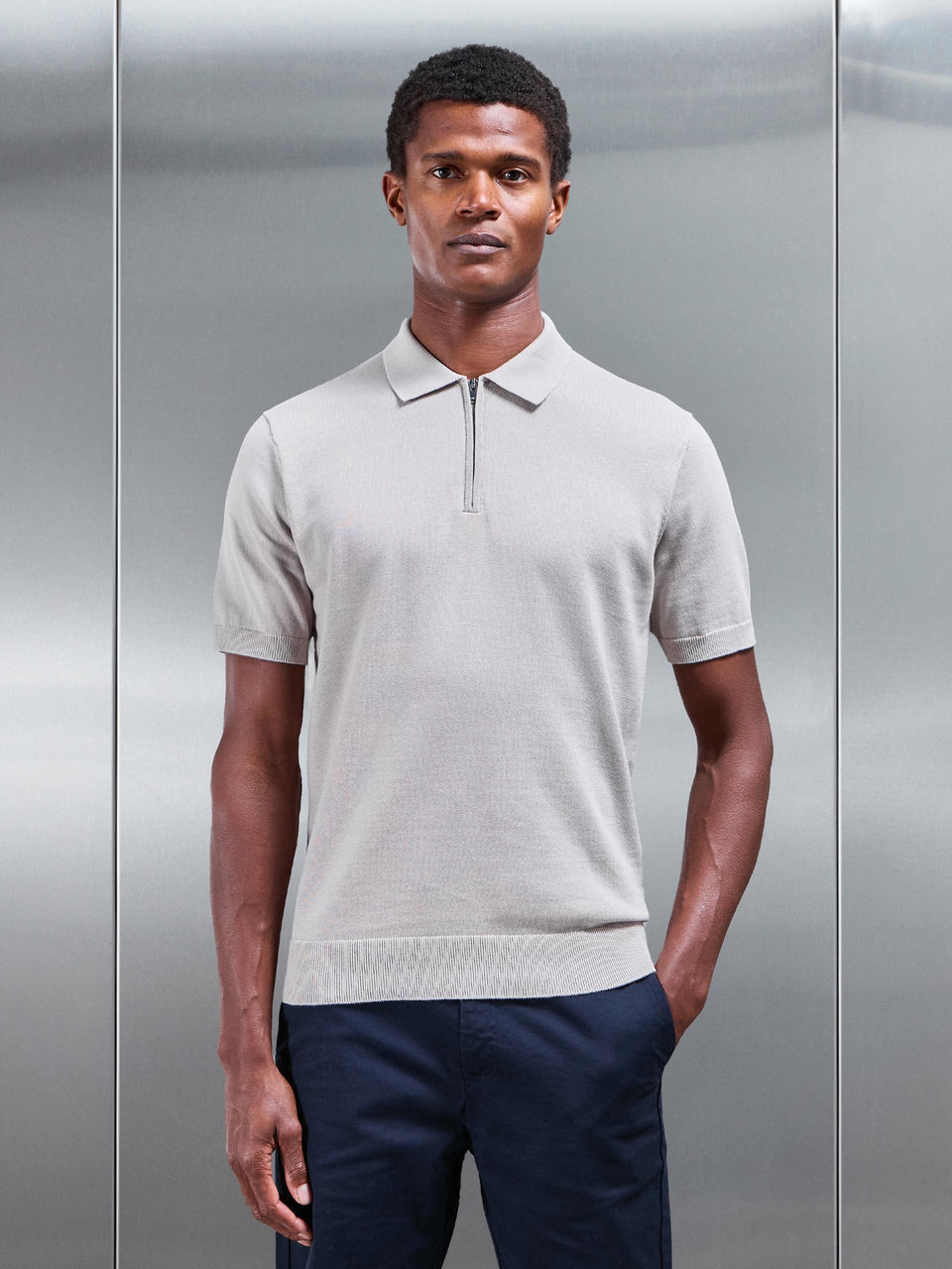 Cotton Knitted Zip Polo Shirt in Stone