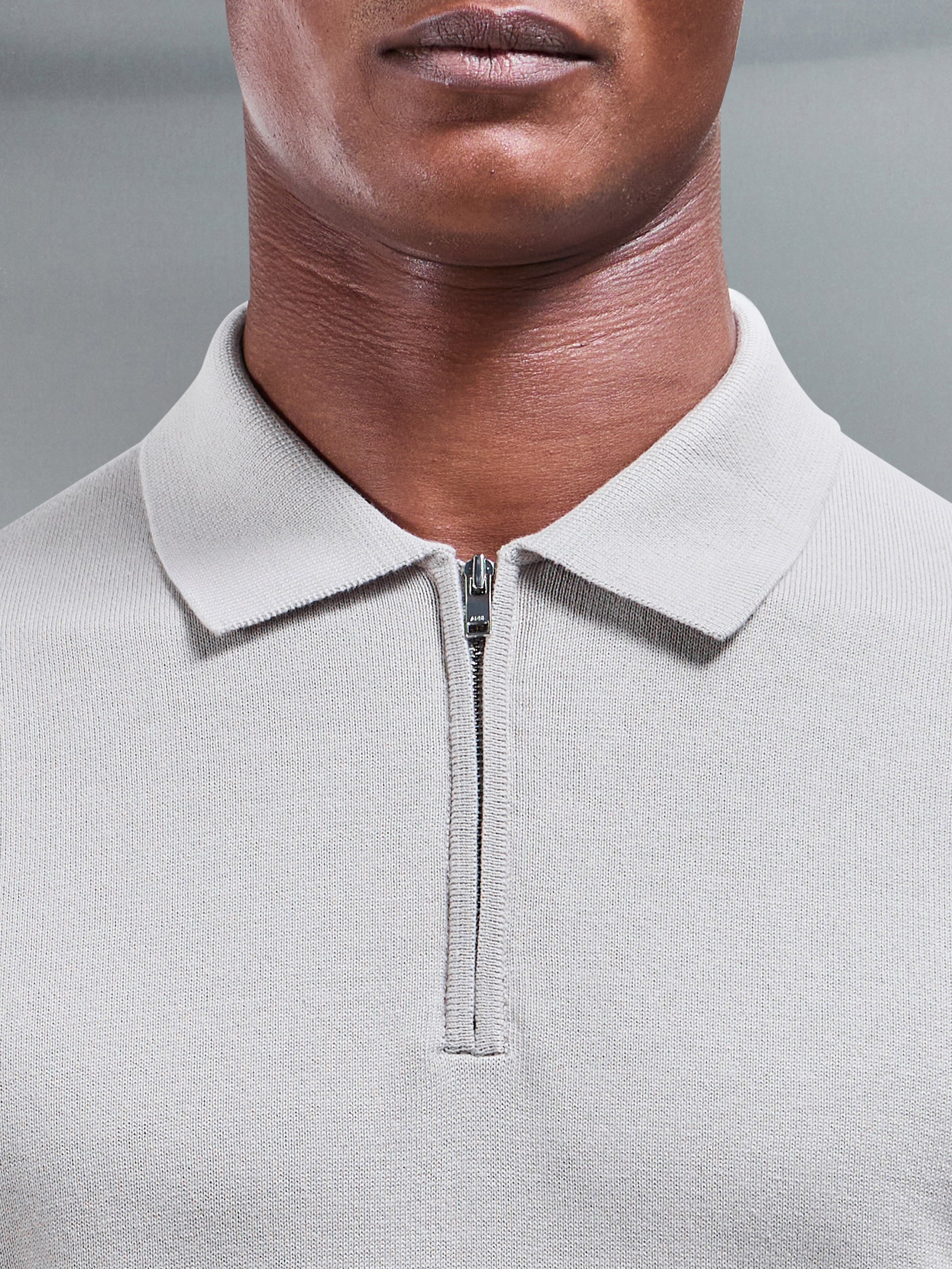 Cotton Knitted Zip Polo Shirt in Stone