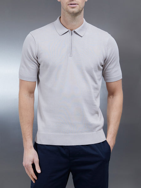 Cotton Knitted Zip Polo Shirt in Stone