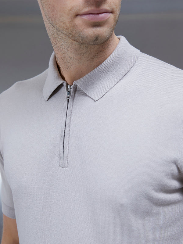 Cotton Knitted Zip Polo Shirt in Stone