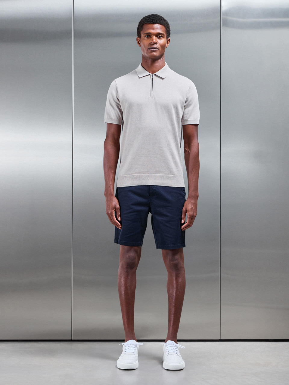 Cotton Knitted Zip Polo Shirt in Stone