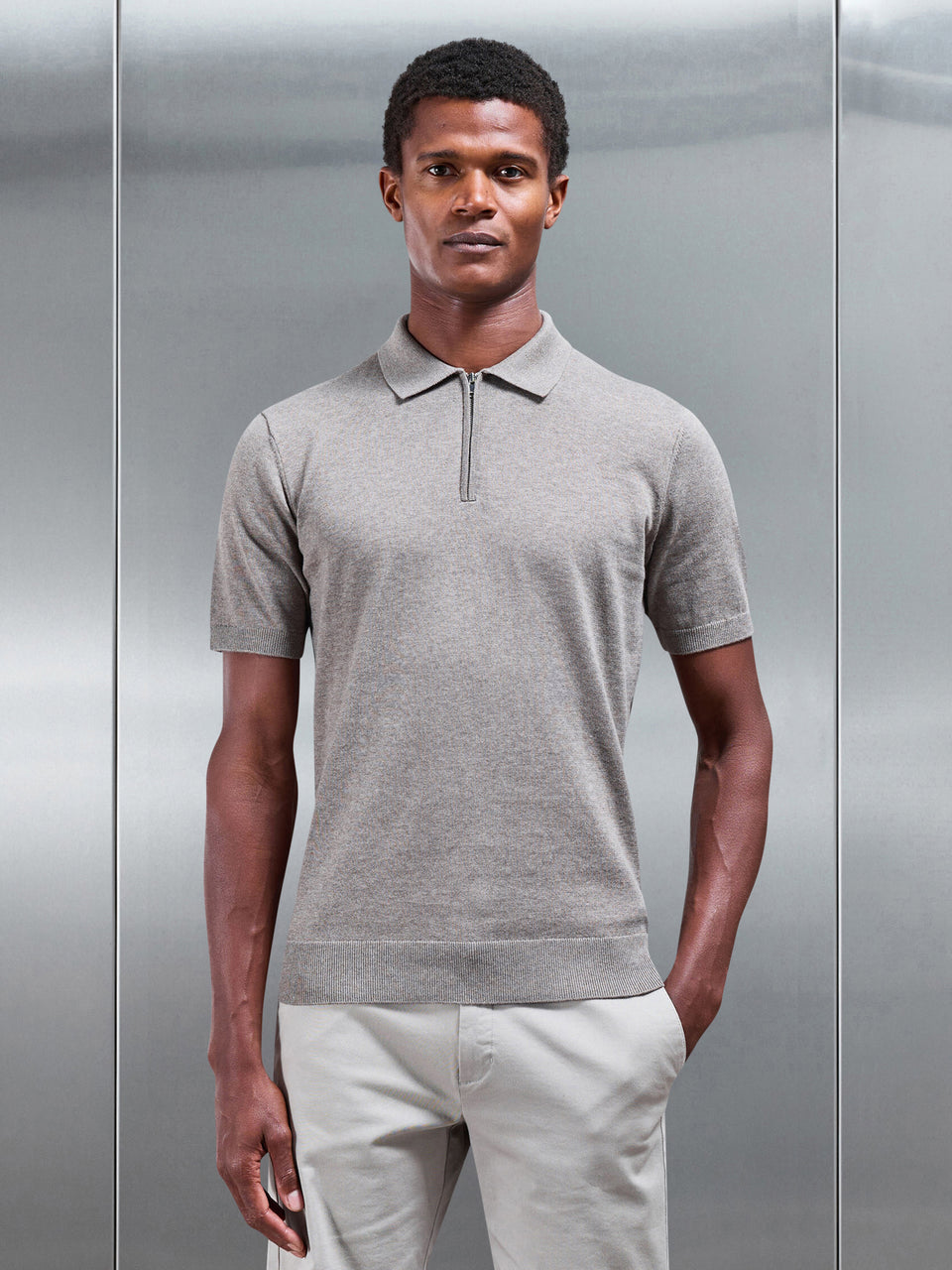 Cotton Knitted Zip Polo Shirt in Taupe