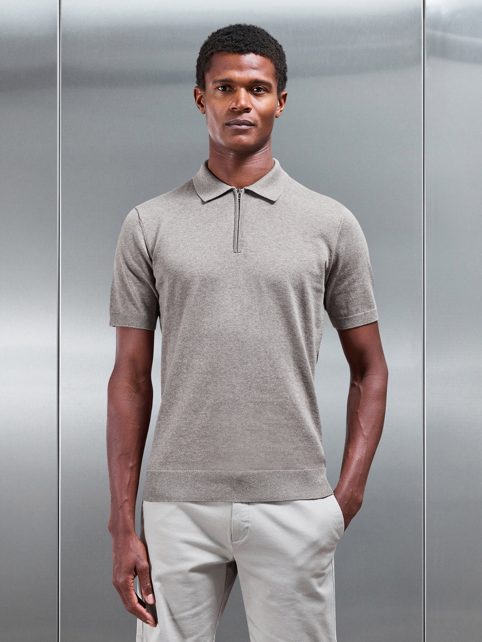 Cotton Knitted Zip Polo Shirt in Taupe