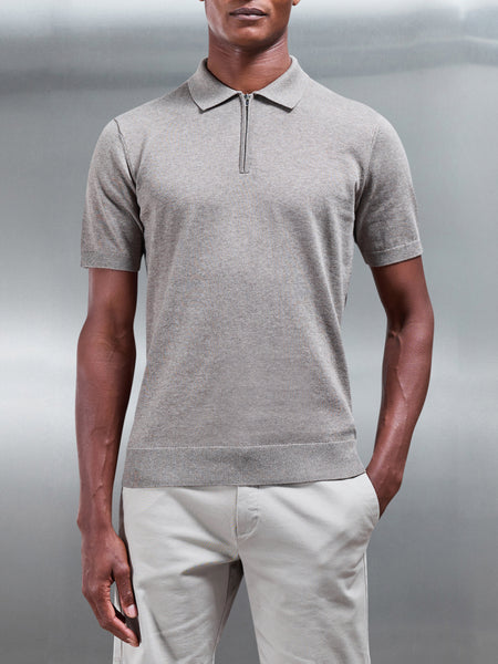 Cotton Knitted Zip Polo Shirt in Taupe