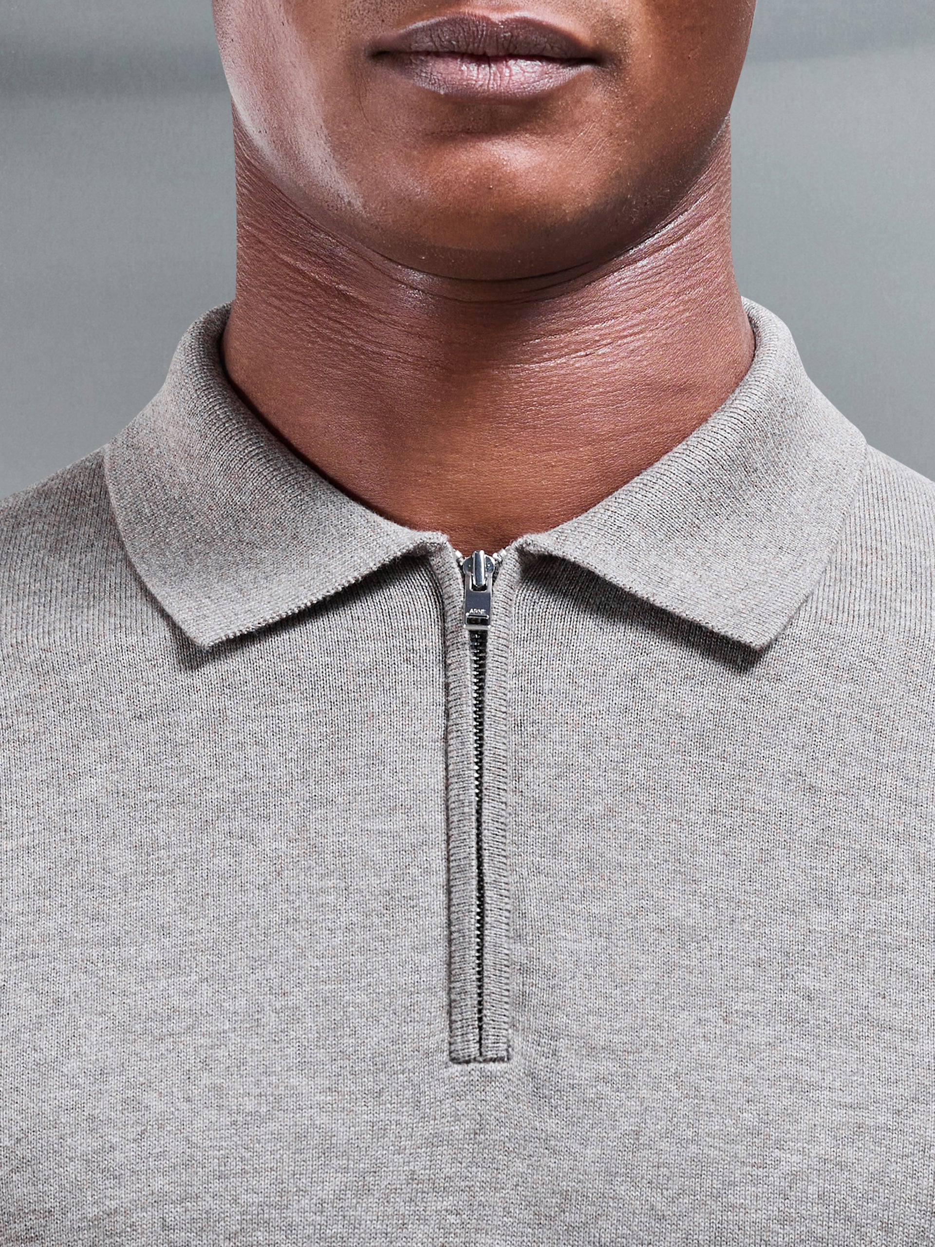 Cotton Knitted Zip Polo Shirt in Taupe