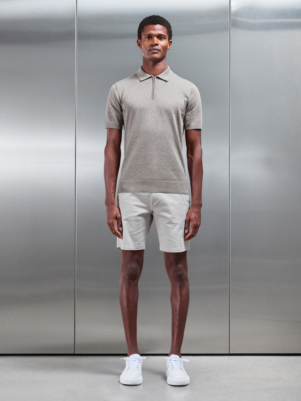 Cotton Knitted Zip Polo Shirt in Taupe