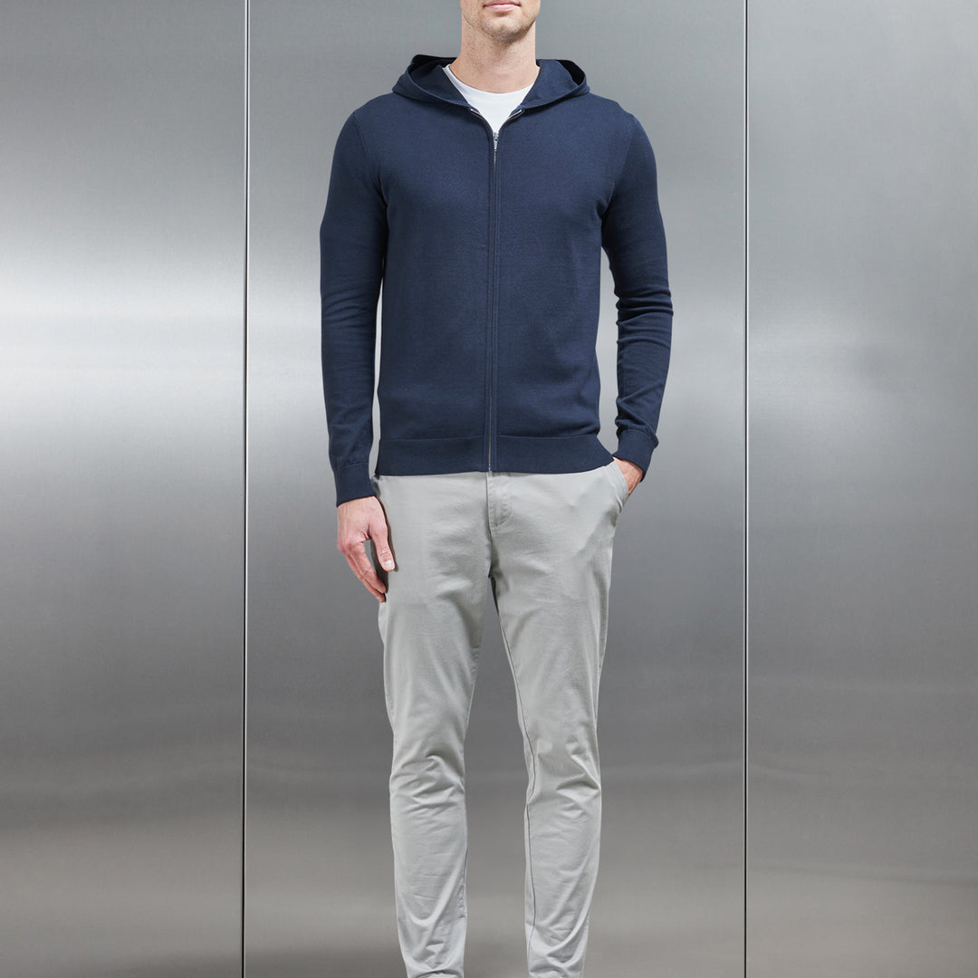 Cotton Knitted Zip Through Hoodie in Navy