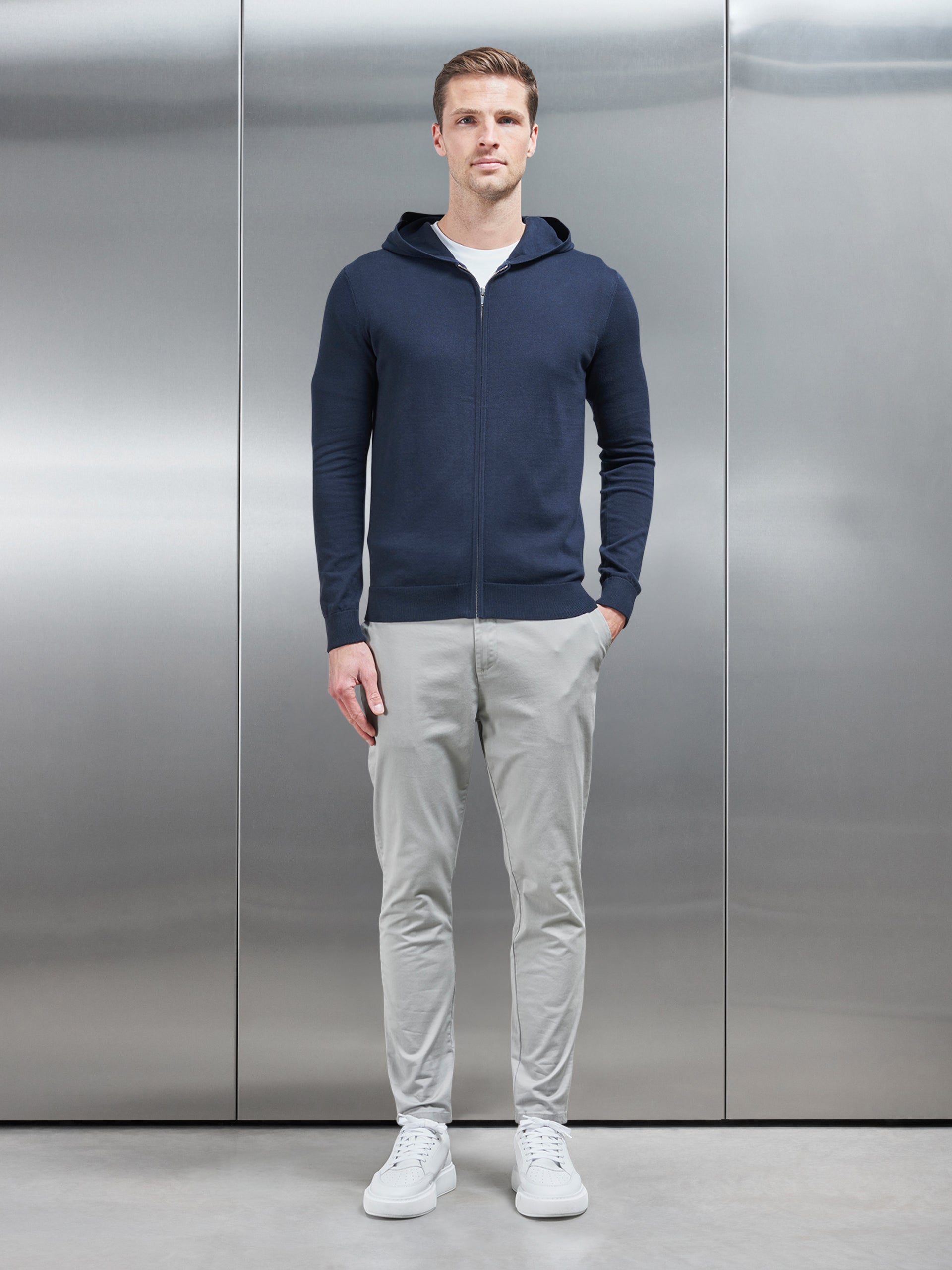 Cotton Knitted Zip Through Hoodie in Navy