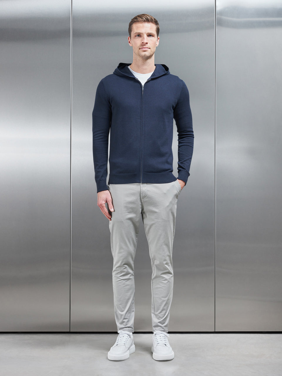 Cotton Knitted Zip Through Hoodie in Navy