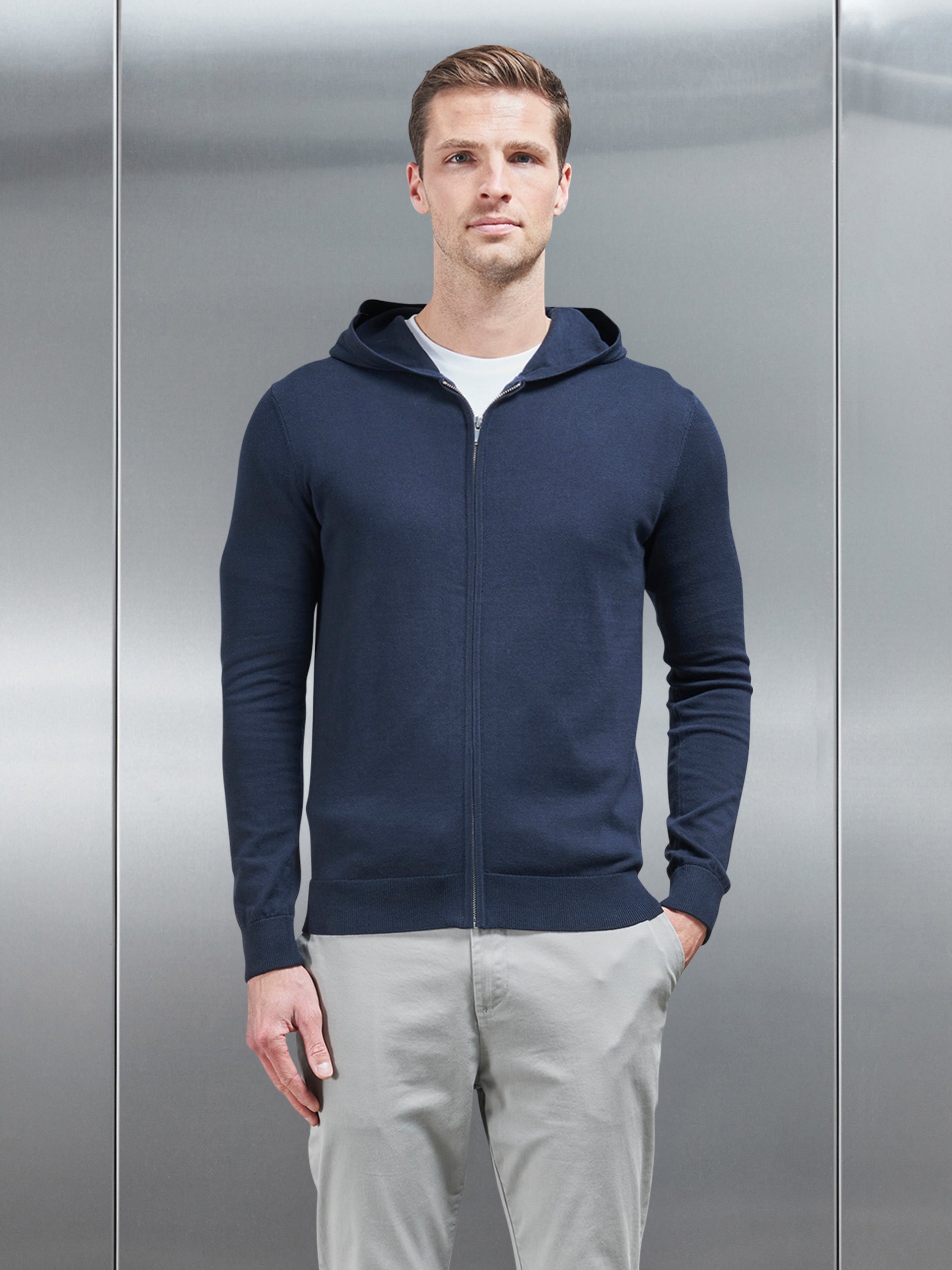 Cotton Knitted Zip Through Hoodie in Navy