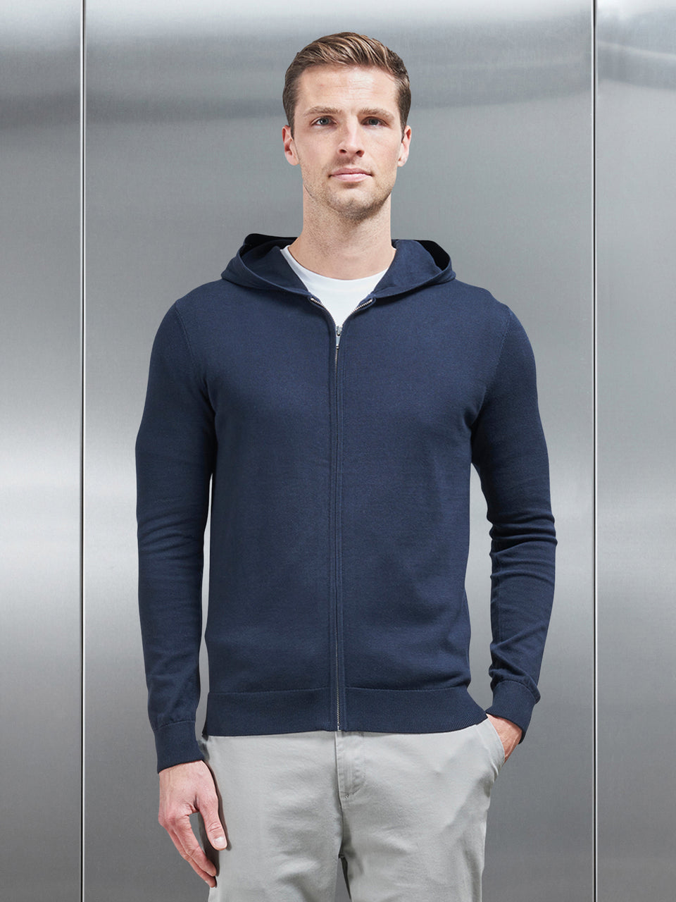 Cotton Knitted Zip Through Hoodie in Navy