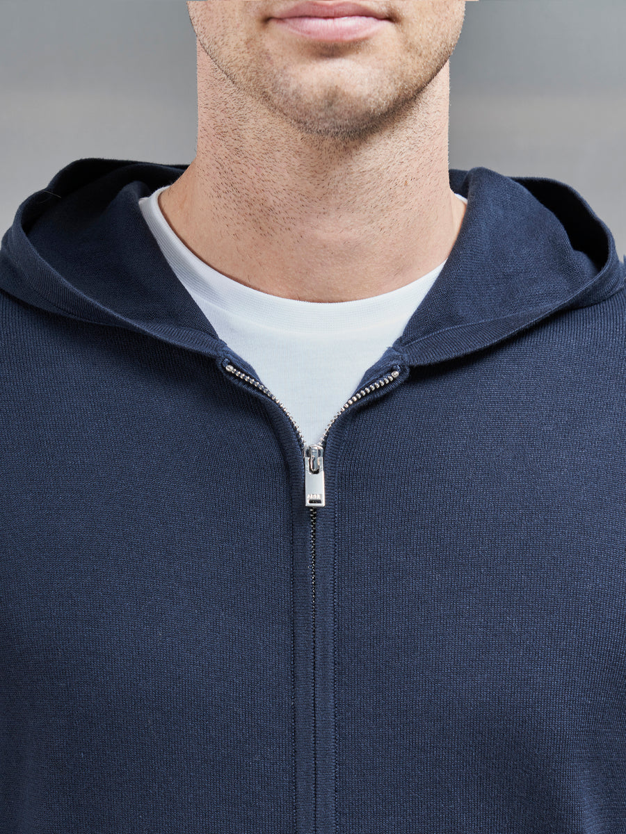 Cotton Knitted Zip Through Hoodie in Navy