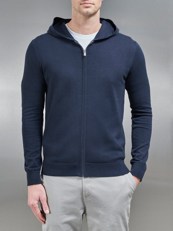 Cotton Knitted Zip Through Hoodie in Navy