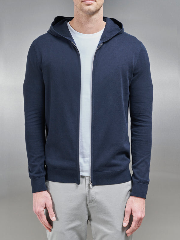 Cotton Knitted Zip Through Hoodie in Navy