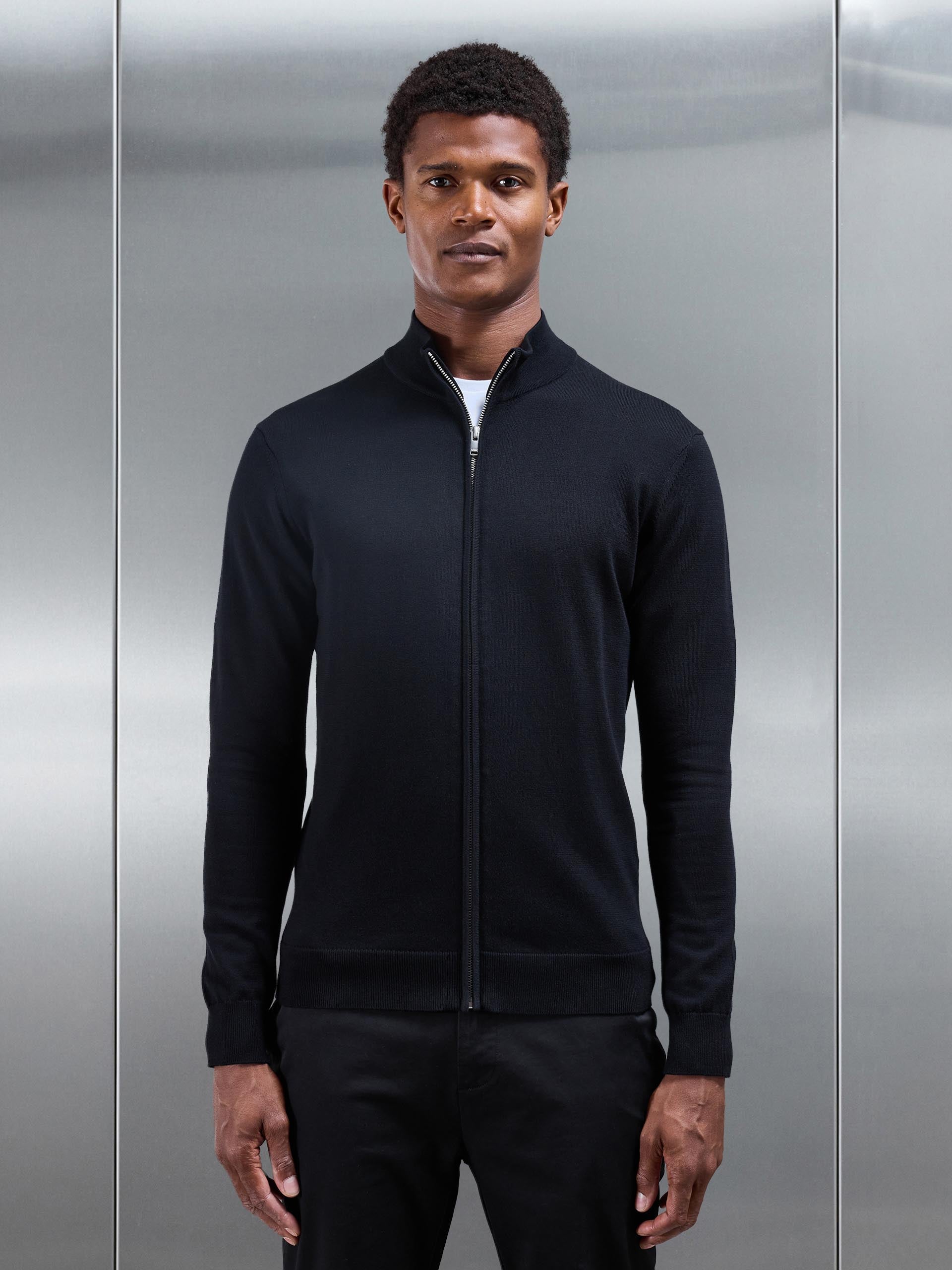 Cotton Knitted Zip Through Jacket in Black