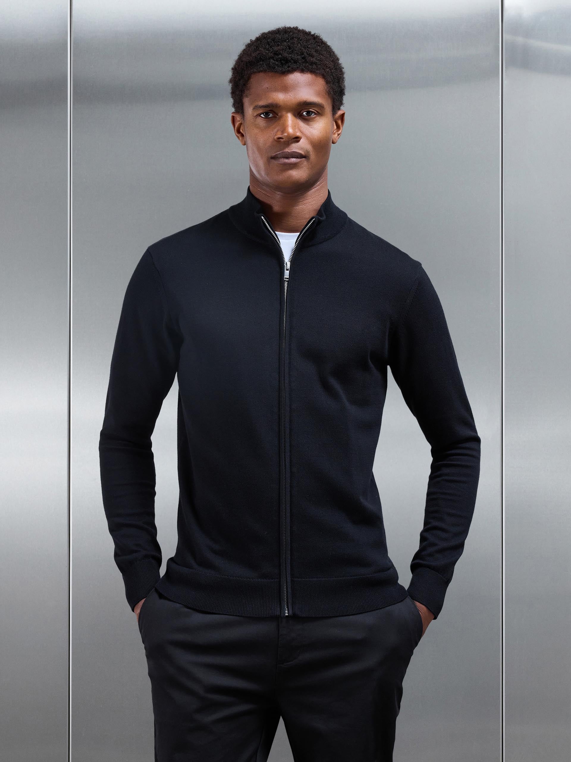 Cotton Knitted Zip Through Jacket in Black