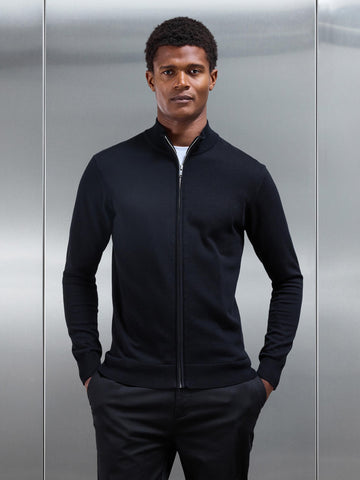 Cotton Knitted Zip Through Jacket in Black
