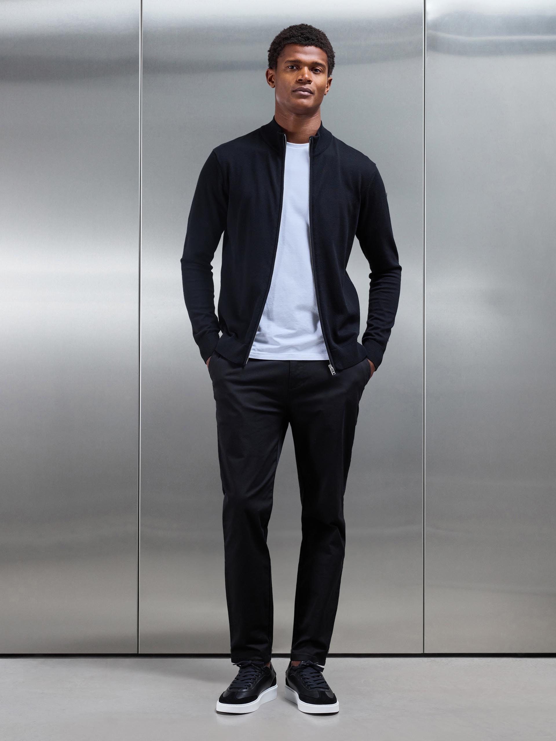 Cotton Knitted Zip Through Jacket in Black