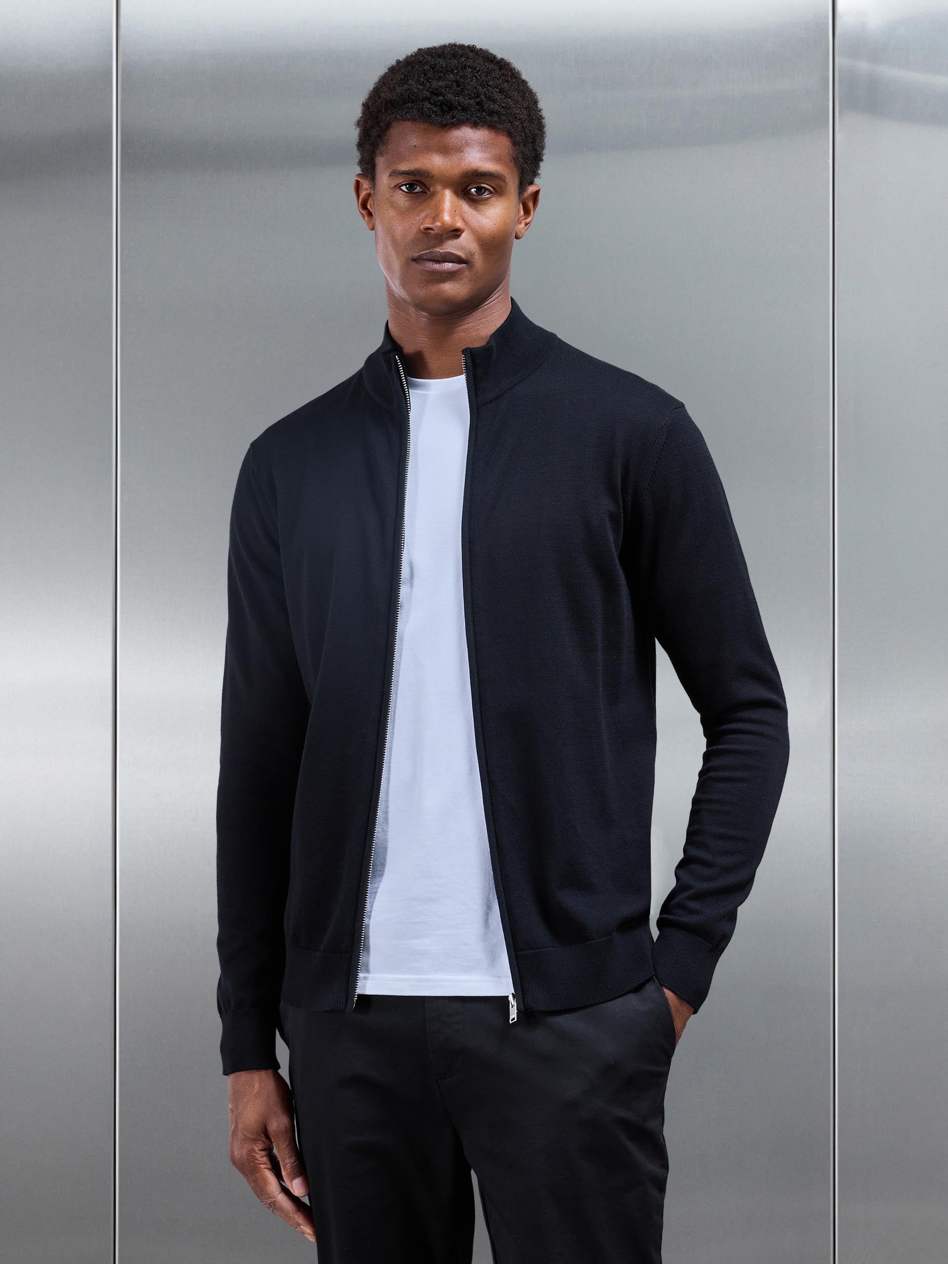 Cotton Knitted Zip Through Jacket in Black