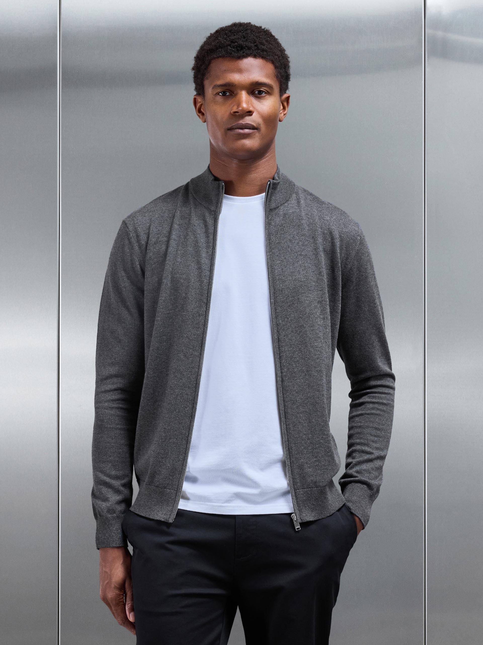 Cotton Knitted Zip Through Jacket in Charcoal Marl