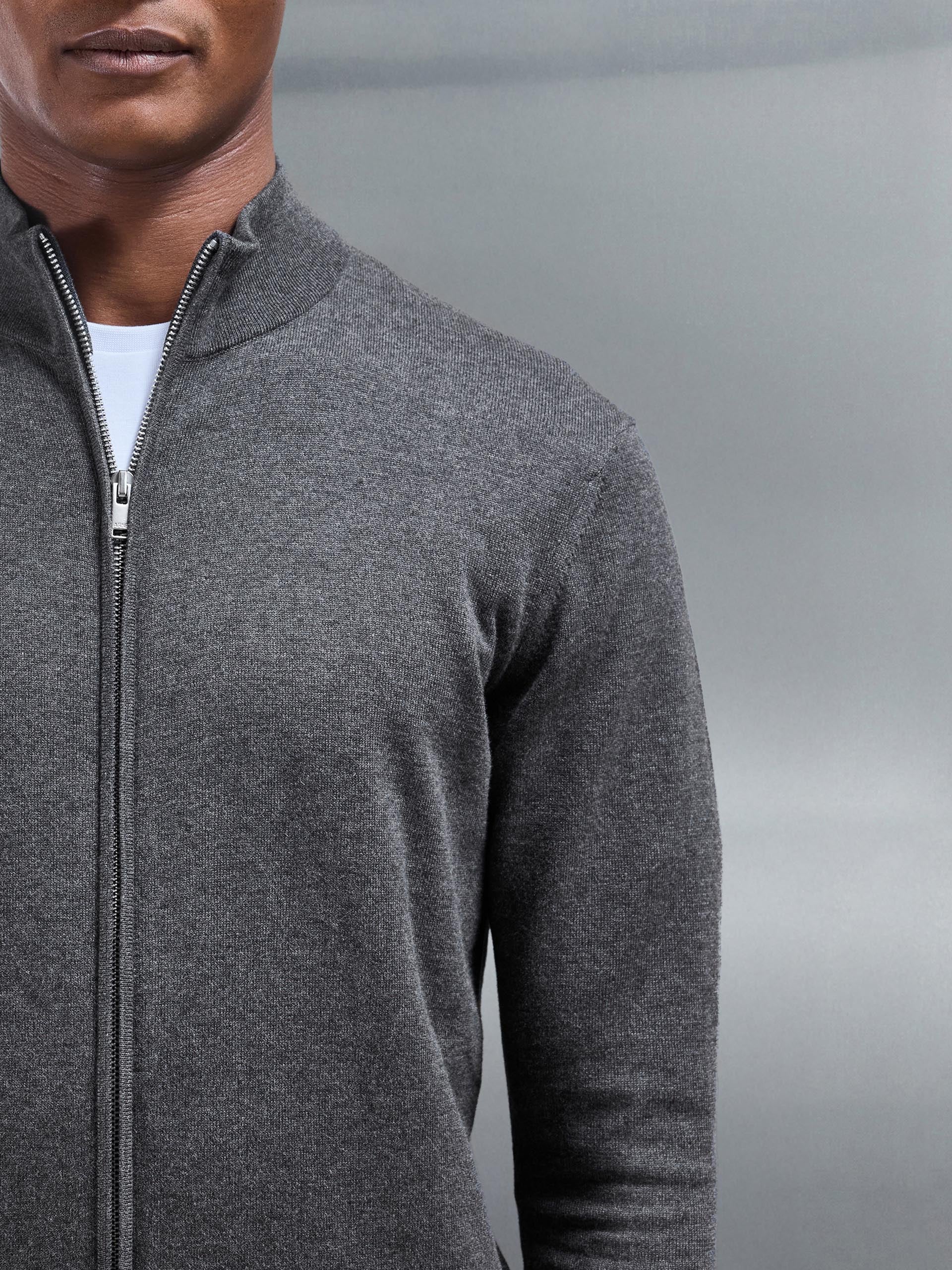 Cotton Knitted Zip Through Jacket in Charcoal Marl
