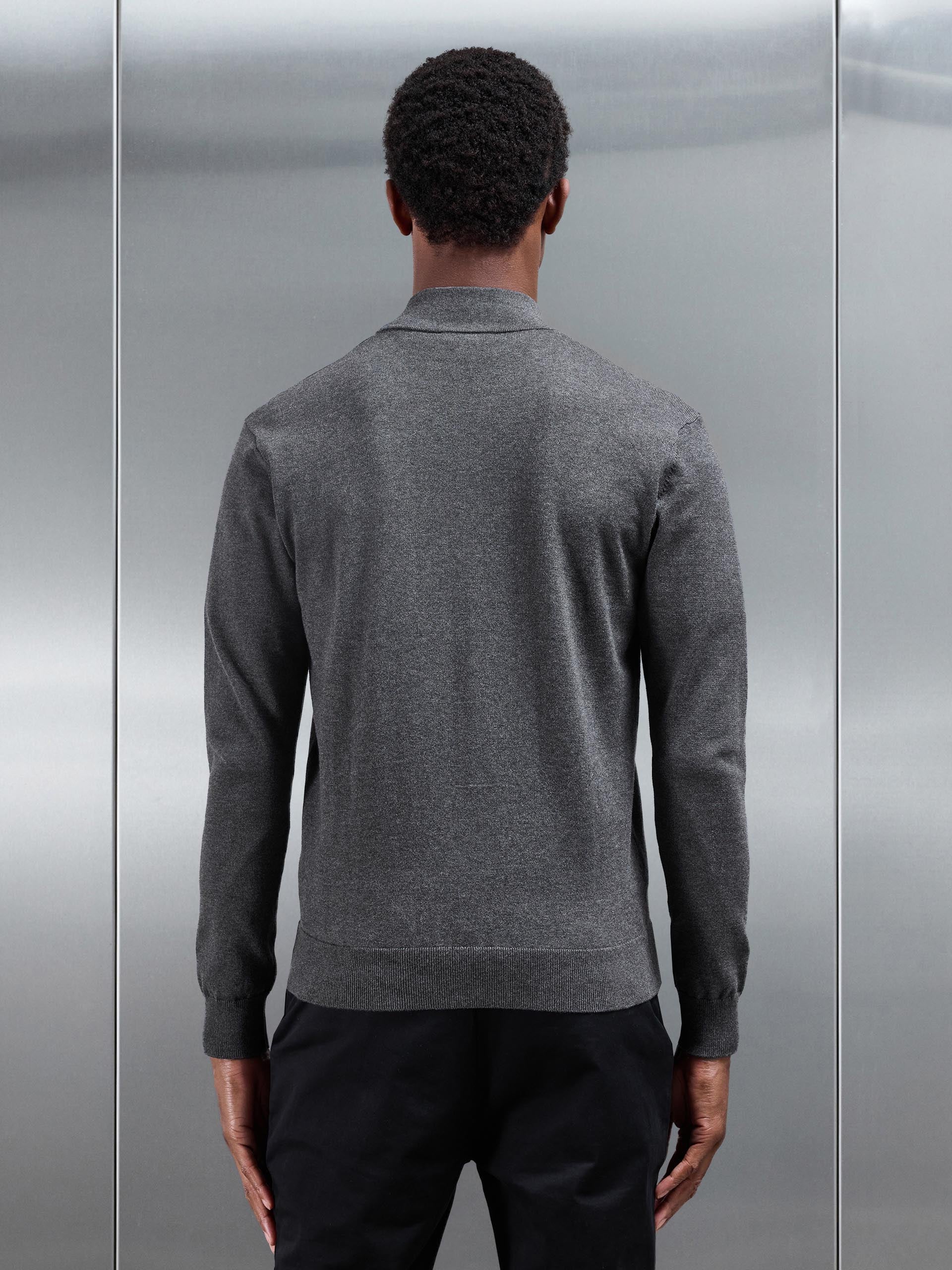 Cotton Knitted Zip Through Jacket in Charcoal Marl