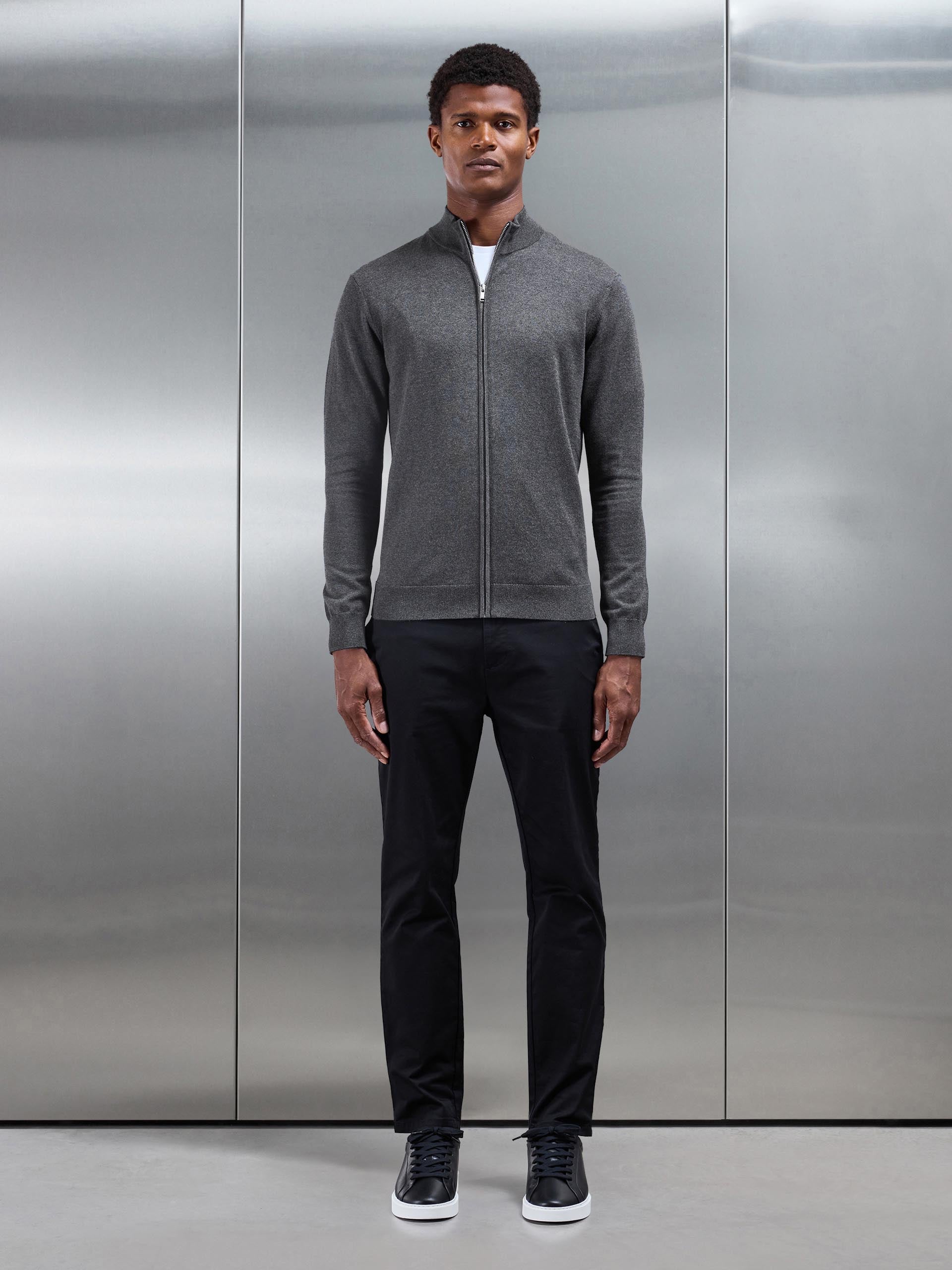 Cotton Knitted Zip Through Jacket in Charcoal Marl