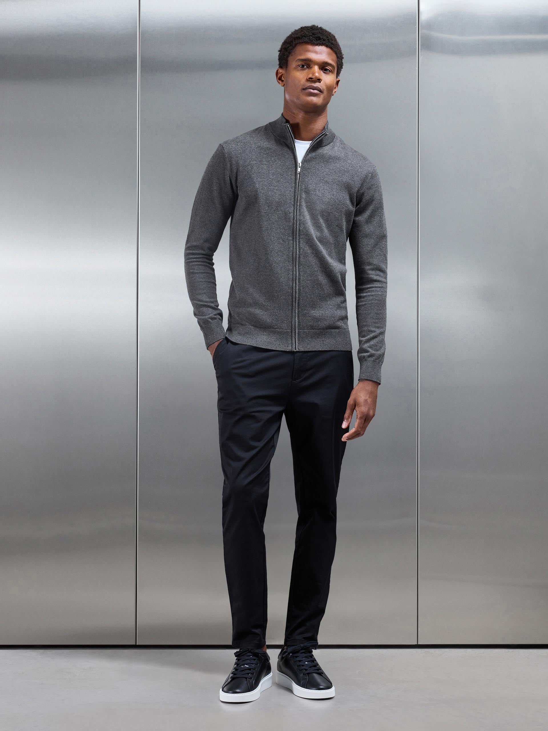 Cotton Knitted Zip Through Jacket in Charcoal Marl