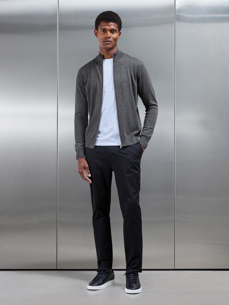 Cotton Knitted Zip Through Jacket in Charcoal Marl