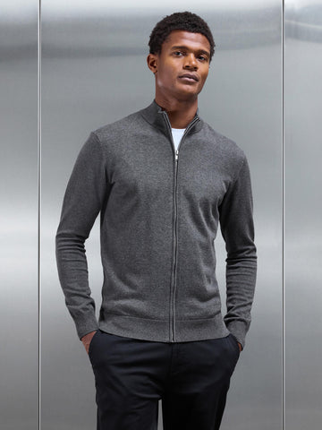 Cotton Knitted Zip Through Jacket in Charcoal Marl