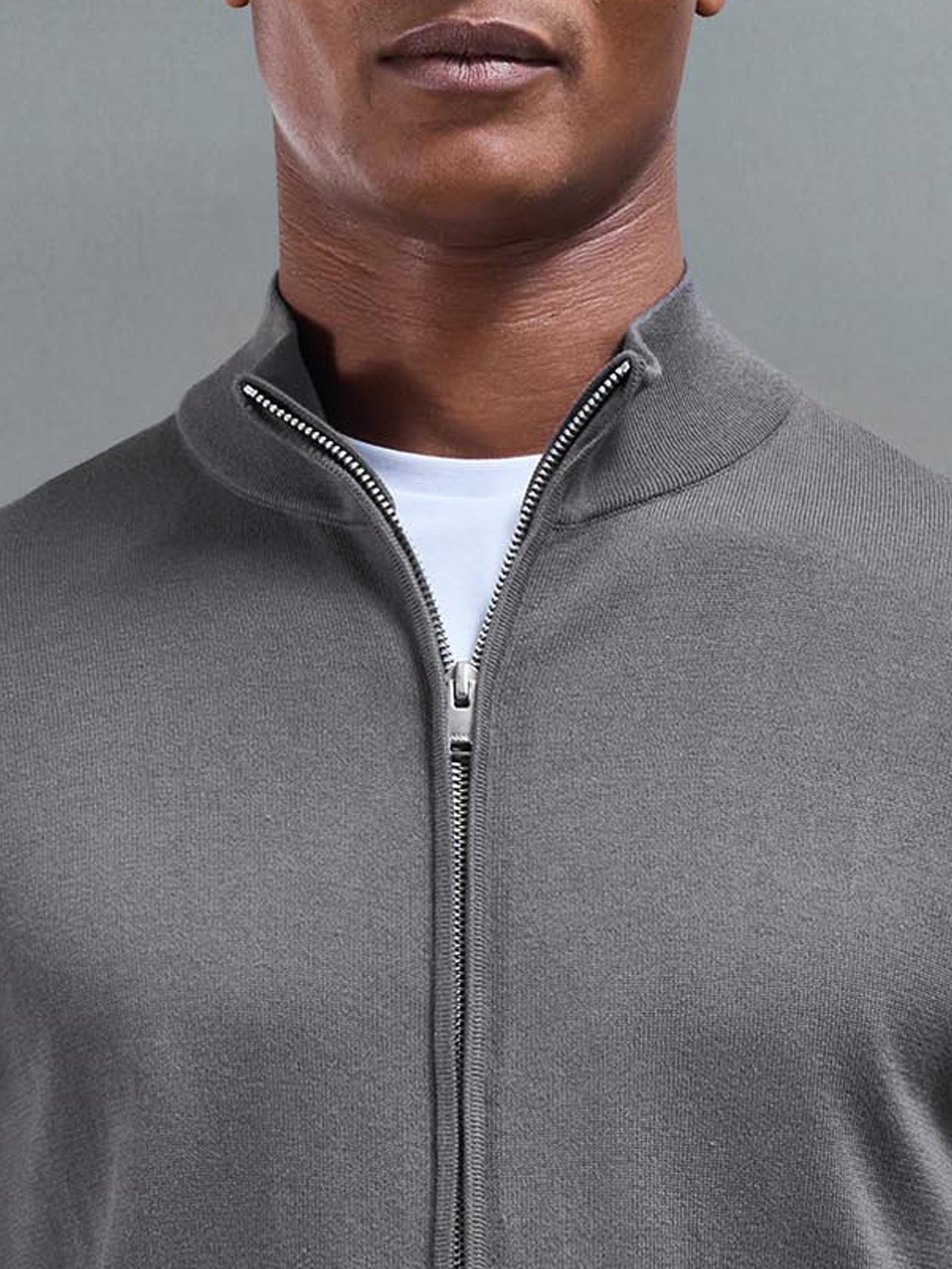Cotton Knitted Zip Through Jacket In Grey