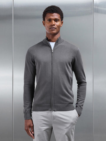 Cotton Knitted Zip Through Jacket In Grey