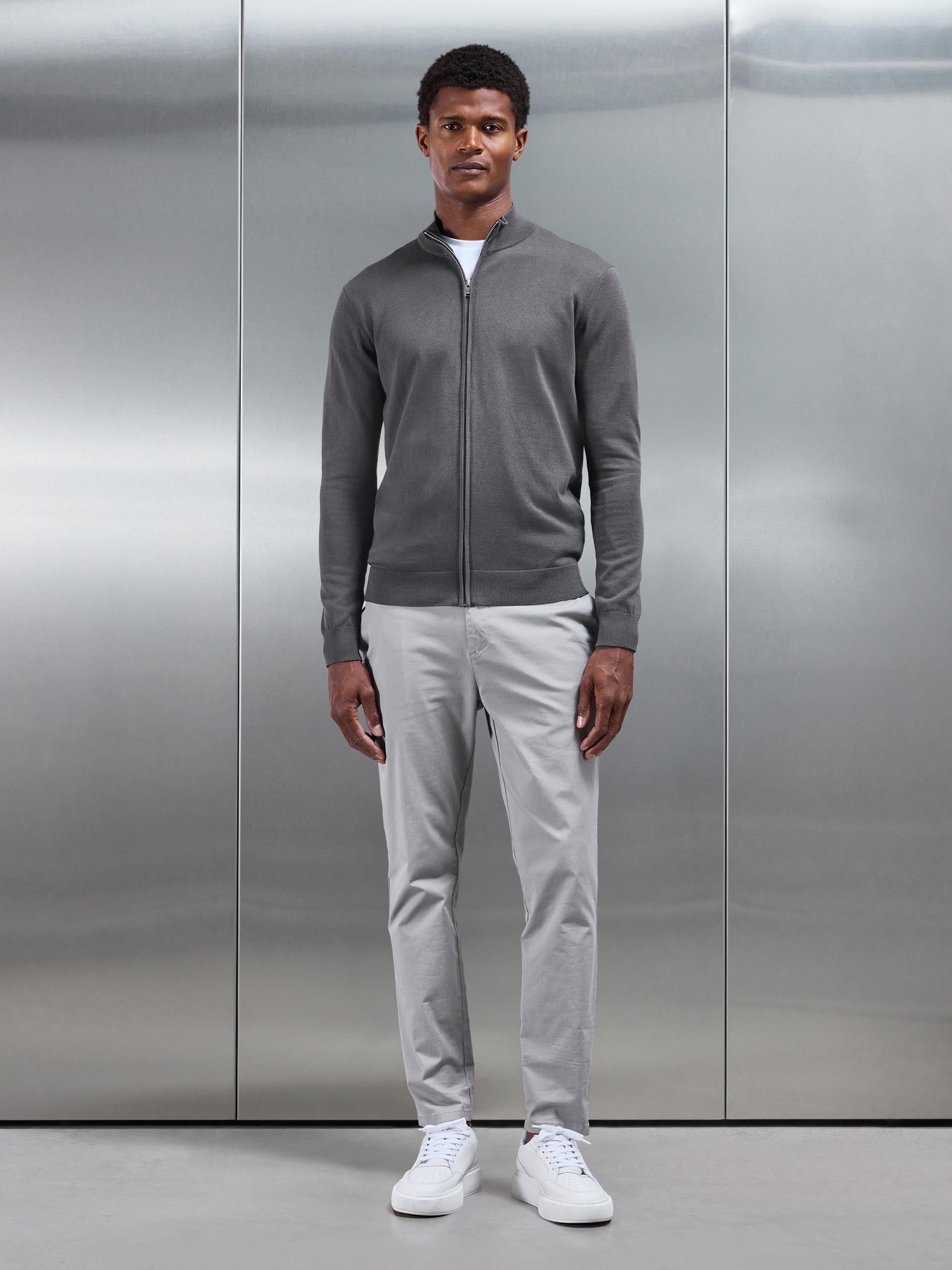 Cotton Knitted Zip Through Jacket In Grey