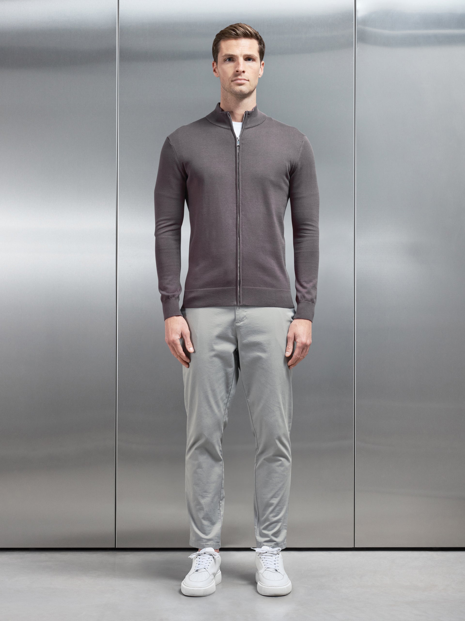 Cotton Knitted Zip Through Jacket in Grey