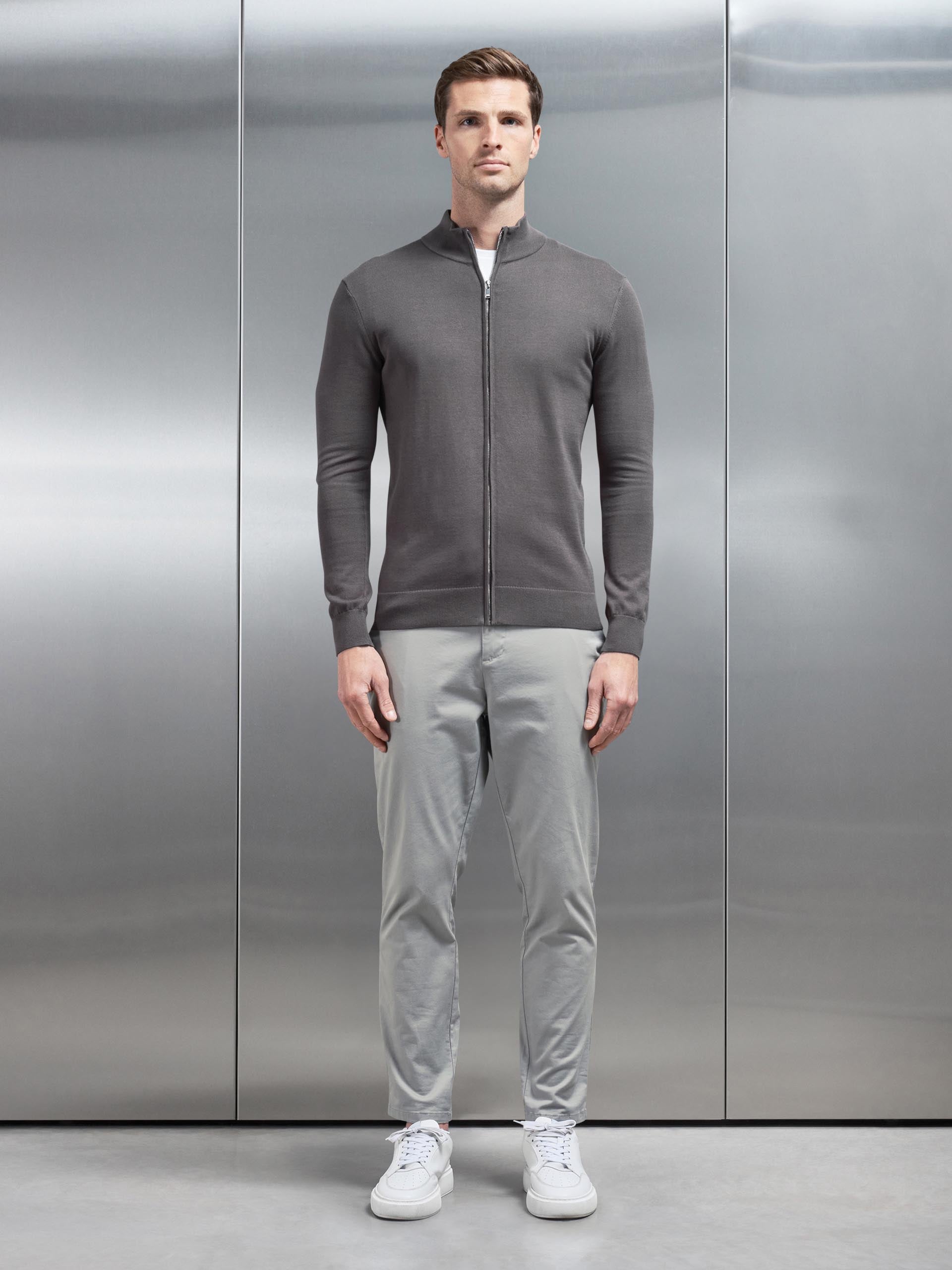 Cotton Knitted Zip Through Jacket in Grey
