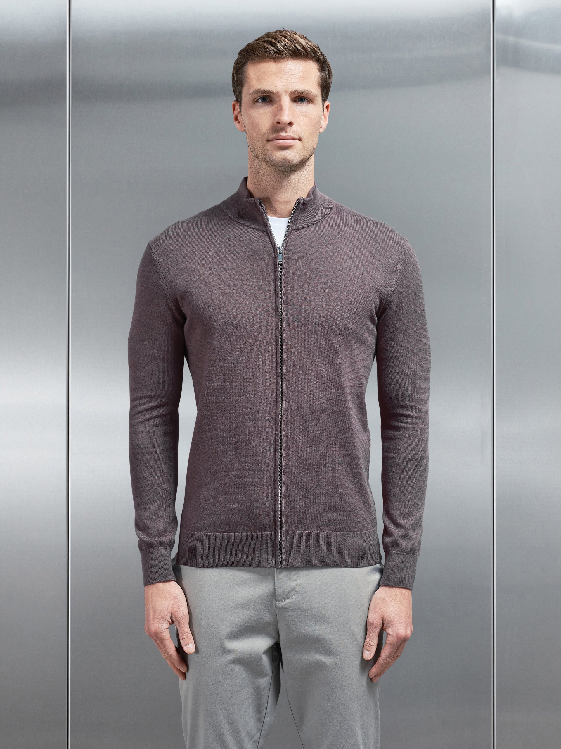 Cotton Knitted Zip Through Jacket in Grey