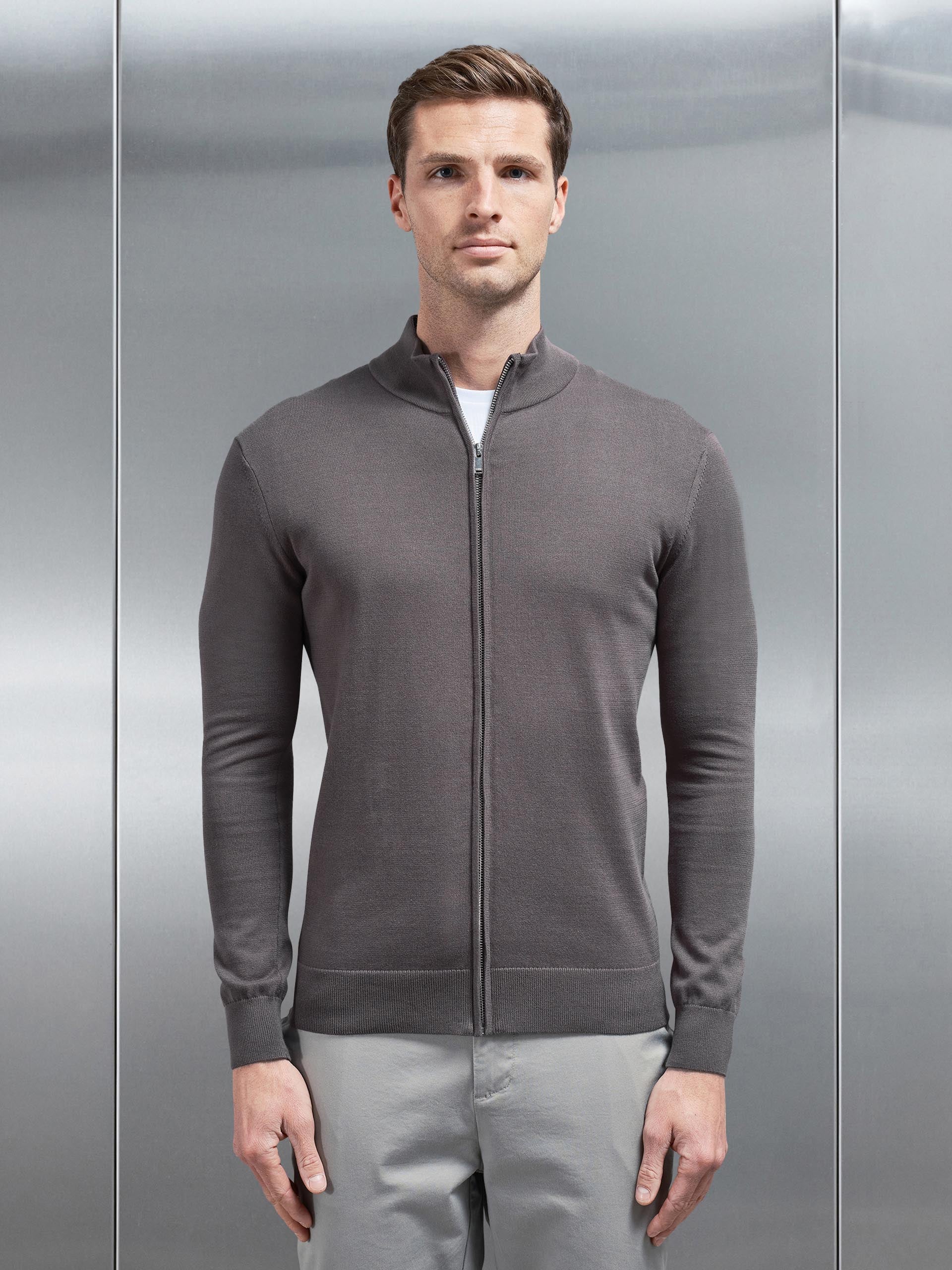 Cotton Knitted Zip Through Jacket in Grey