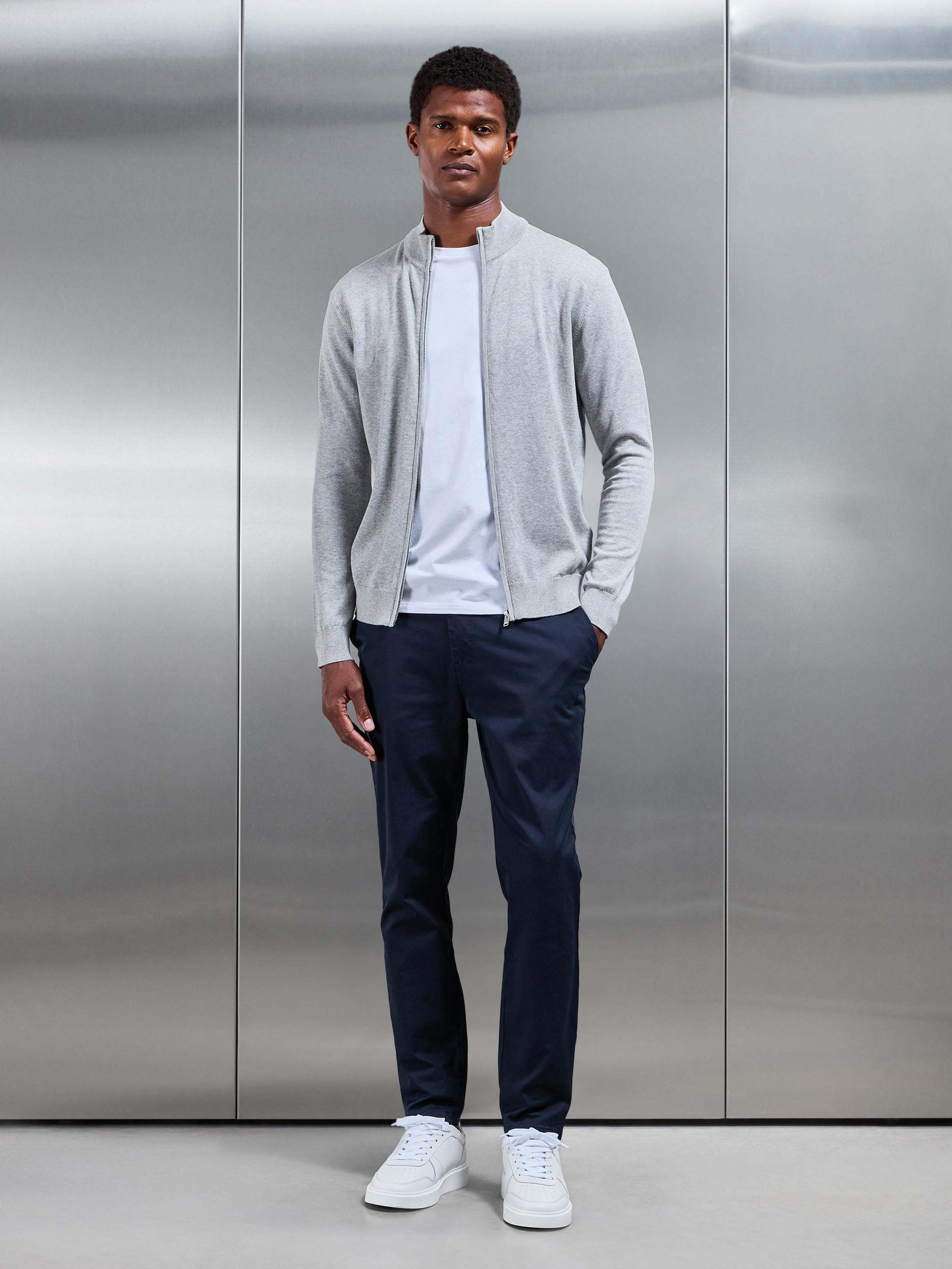 Cotton Knitted Zip Through Jacket In Marl Grey