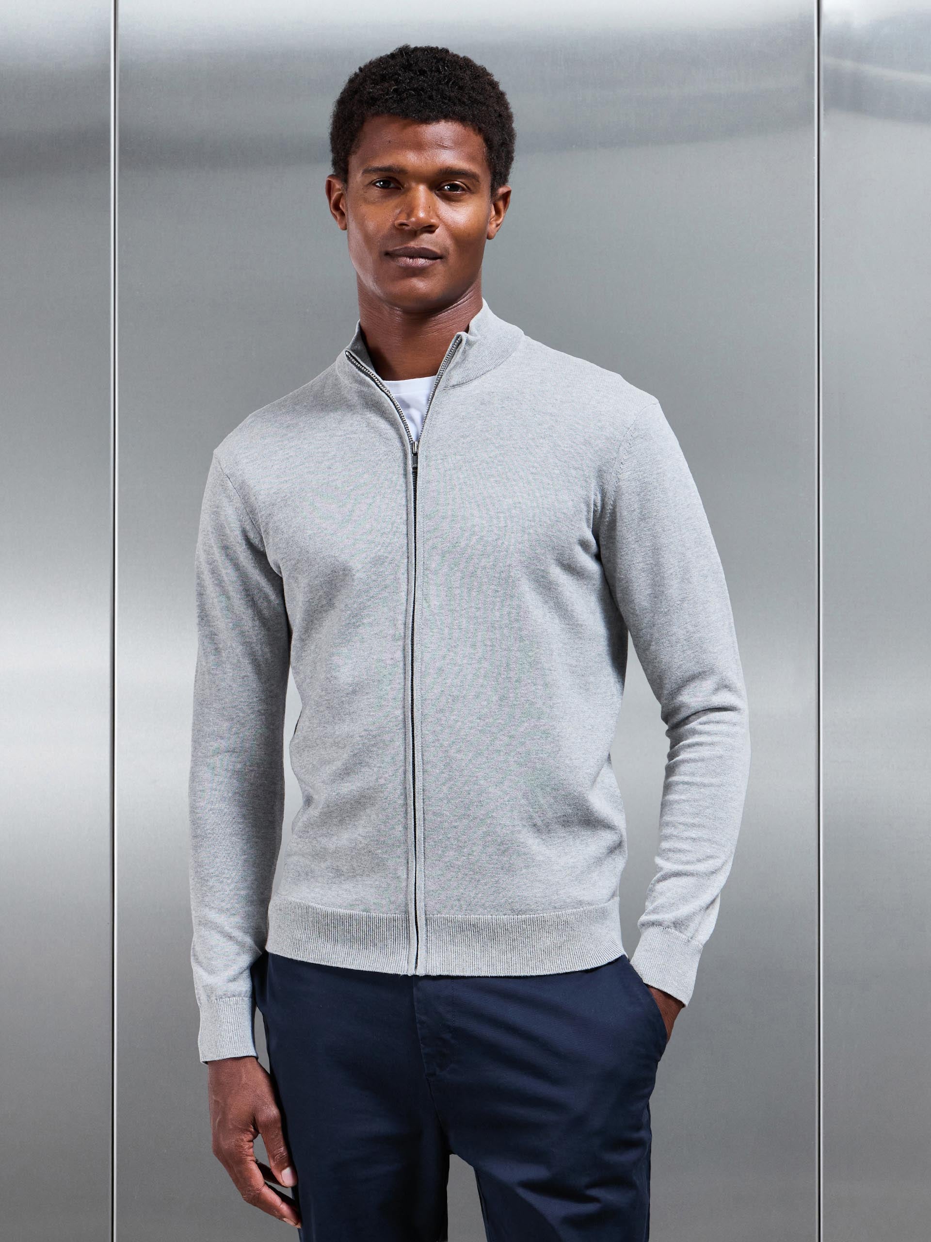 Cotton Knitted Zip Through Jacket In Marl Grey