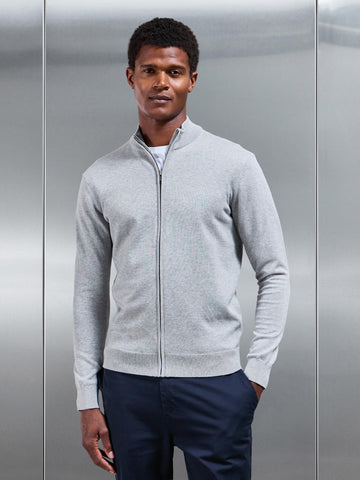 Cotton Knitted Zip Through Jacket In Marl Grey