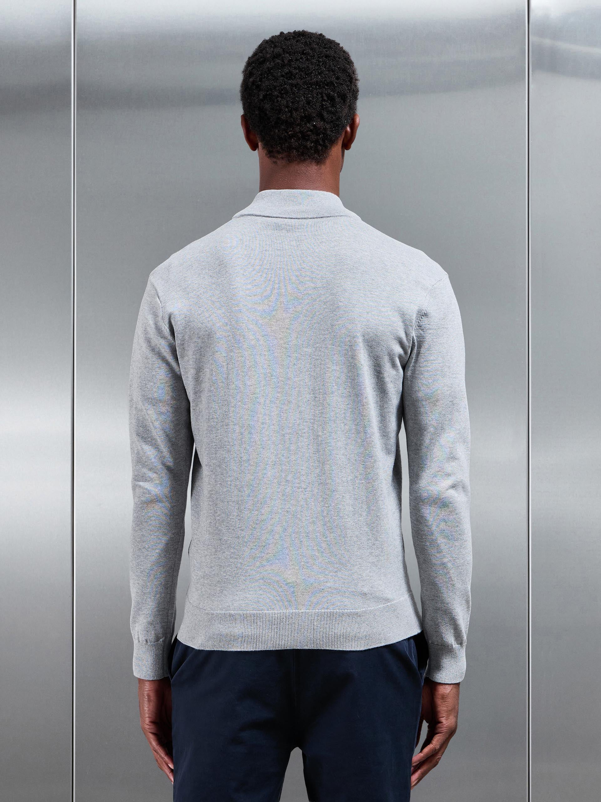 Cotton Knitted Zip Through Jacket In Marl Grey
