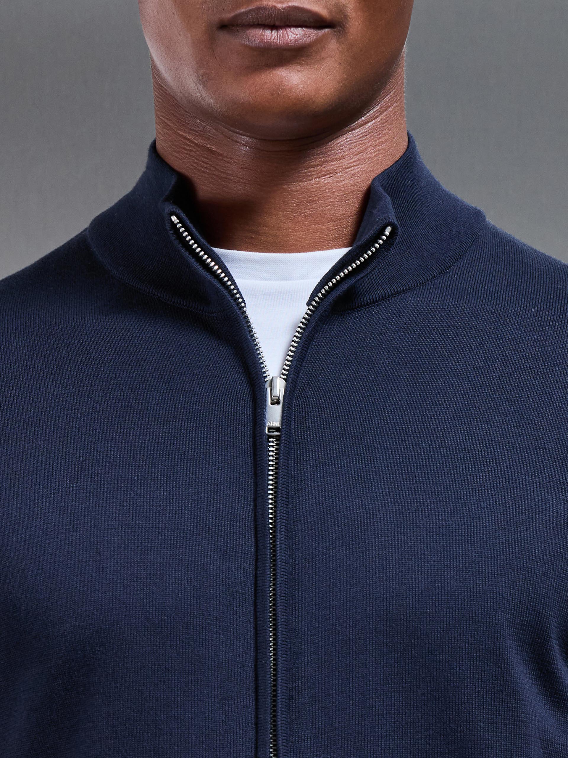 Cotton Knitted Zip Through Jacket in Navy