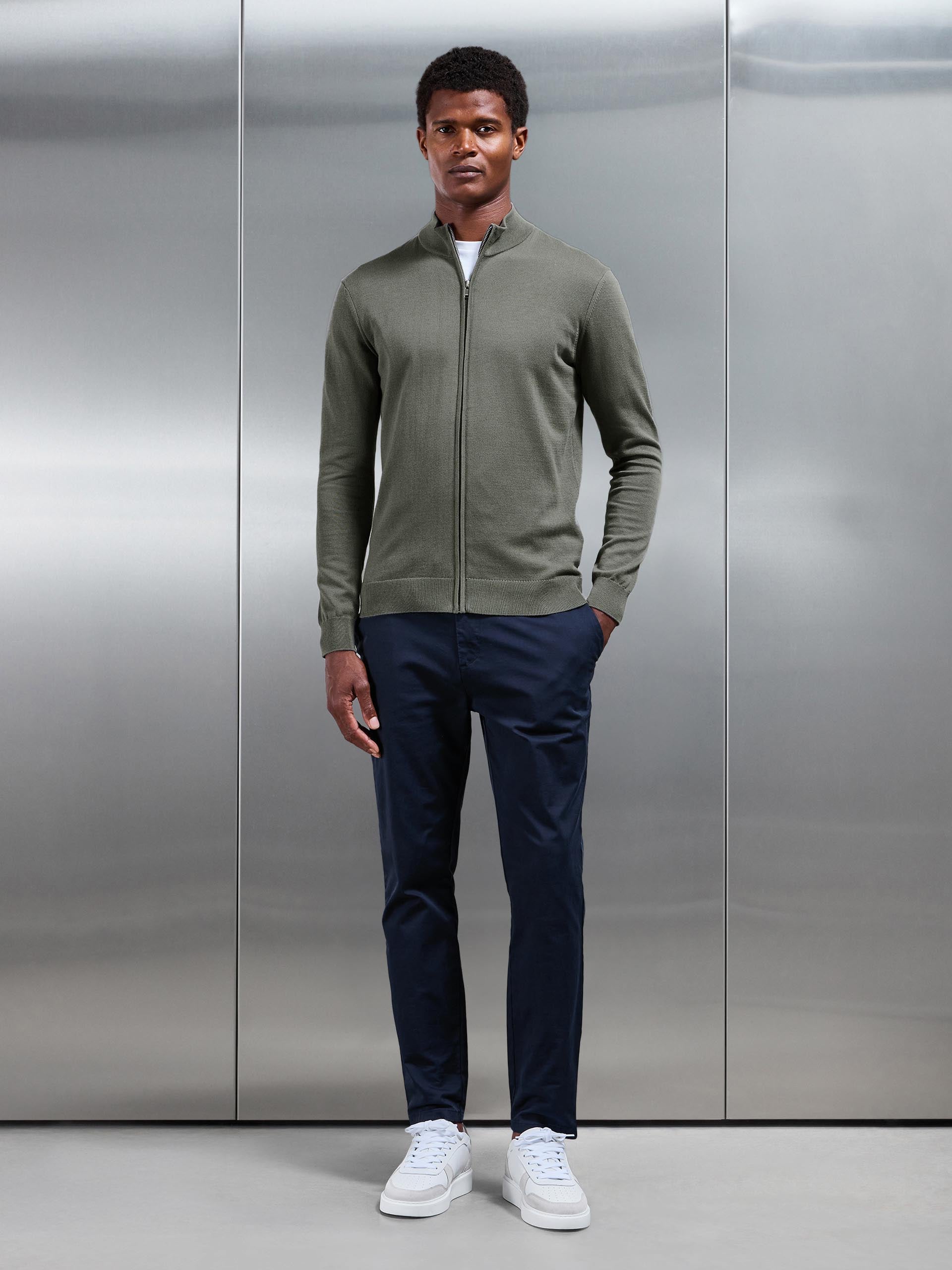 Cotton Knitted Zip Through Jacket In Sage