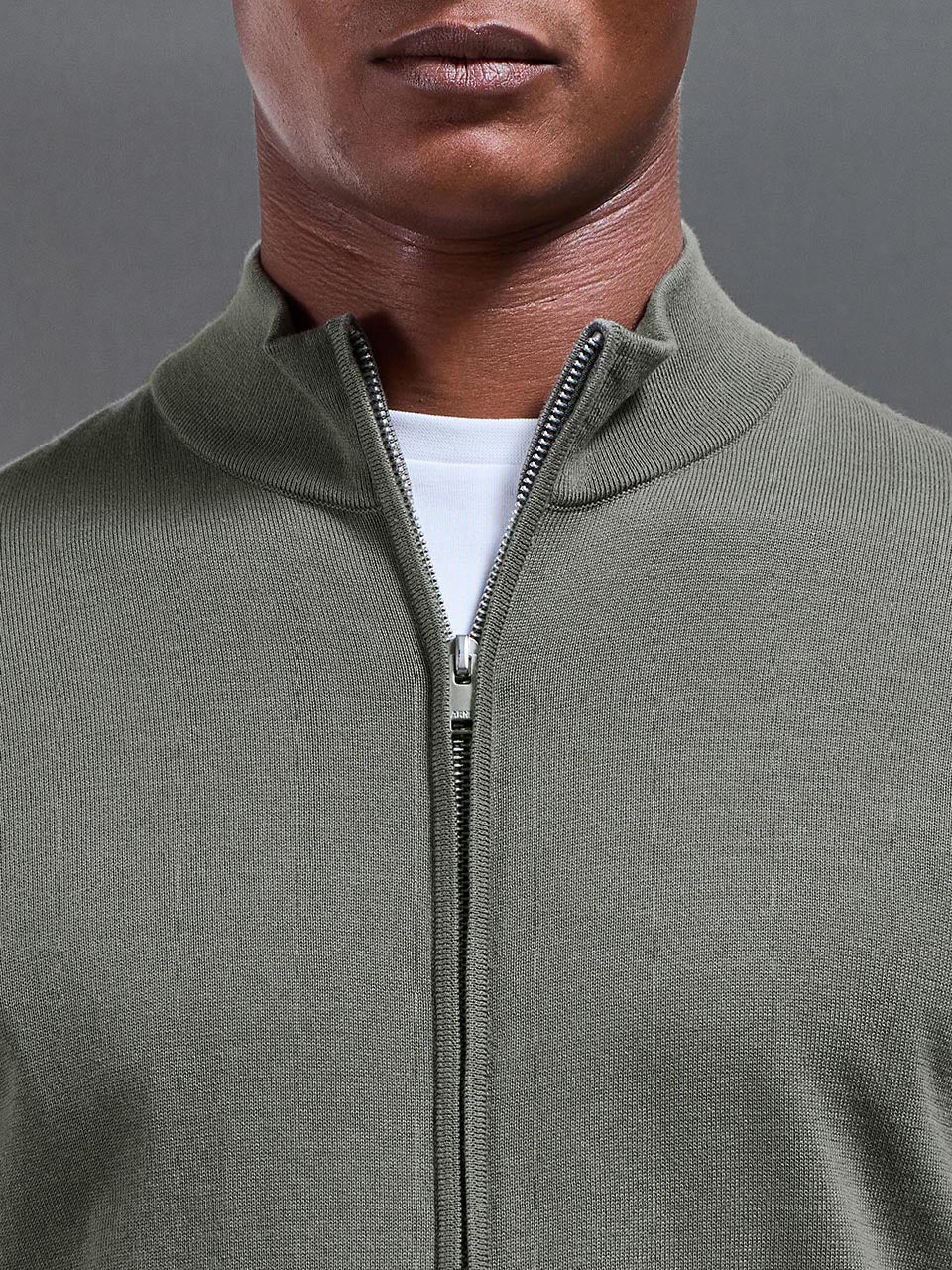 Cotton Knitted Zip Through Jacket In Sage